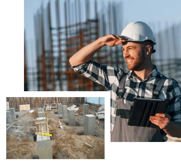 Робітники заливають бетон для фундаменту колон